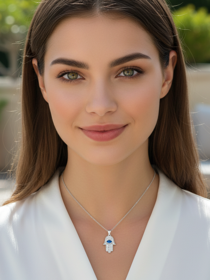 Collar Plata 925mls Mano de Fátima ojo azul amuleto