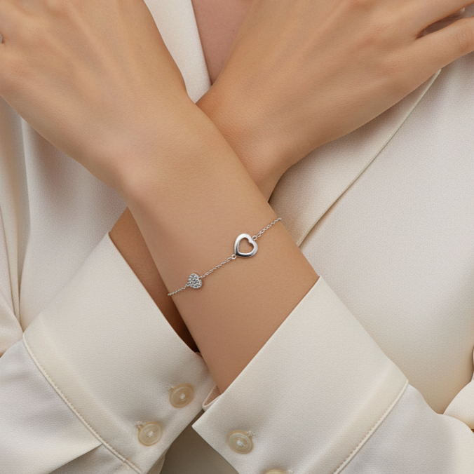 Pulsera Plata 925 Dos Corazones | Circonitas Blancas | Regalo Romántico Mujer | Joyería Fina Hecha a Mano Ajustable