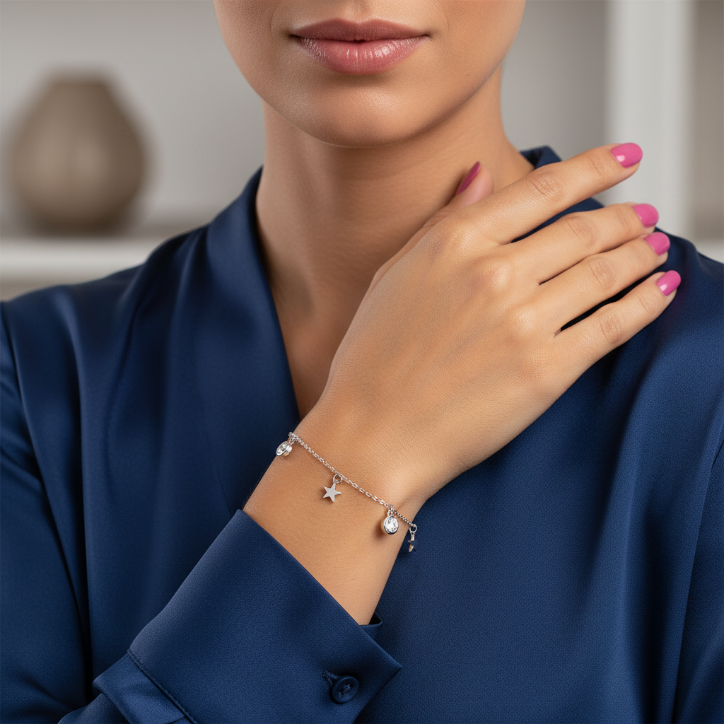 Pulsera Plata 925 Tres Estrellas y Circonitas Blancas | Joyería Fina Mujer | Regalo Elegante | Pulsera Ajustable Hecha a Mano