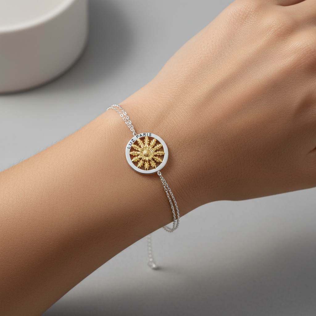 Pulsera Plata 925mls Eguzkilore bicolor baño Oro 18k doble cadena | Joyería Vasca | Diseño Exclusivo LUZ PARIS