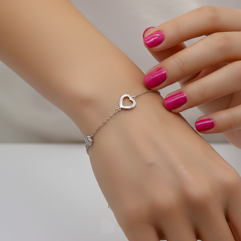 Pulsera Plata 925 Dos Corazones | Circonitas Blancas | Regalo Romántico Mujer | Joyería Fina Hecha a Mano Ajustable