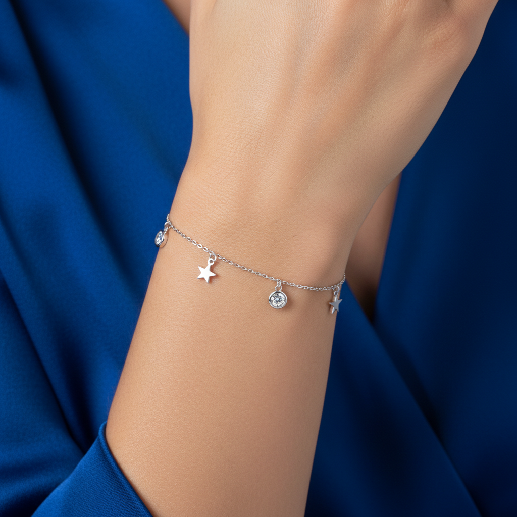Pulsera Plata 925 Tres Estrellas y Circonitas Blancas | Joyería Fina Mujer | Regalo Elegante | Pulsera Ajustable Hecha a Mano
