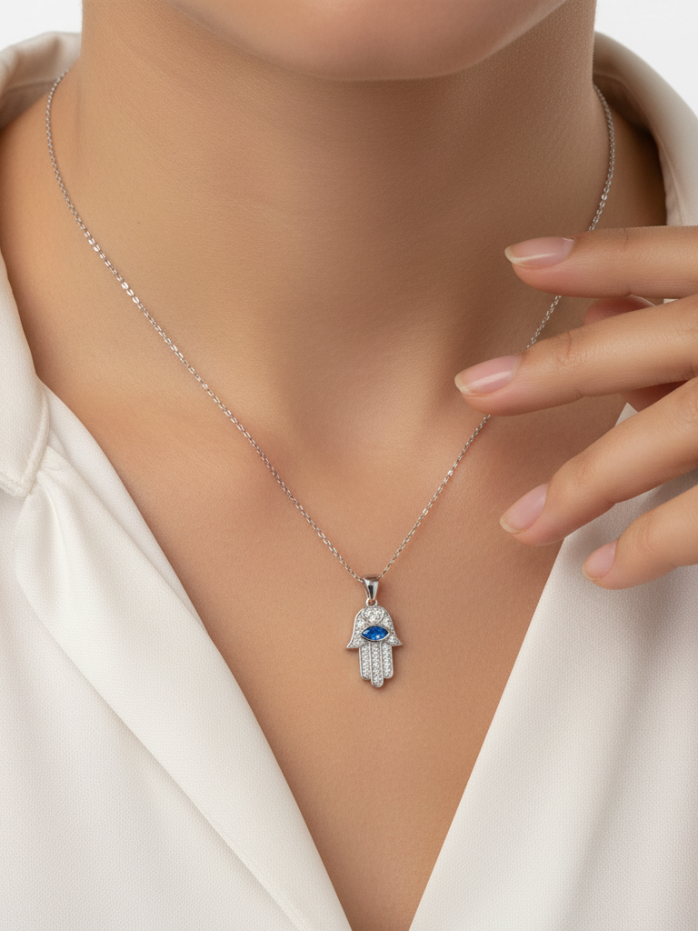 Collar Plata 925mls Mano de Fátima ojo azul amuleto
