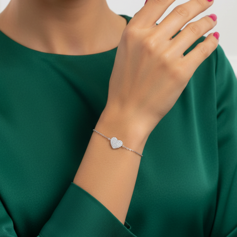 Pulsera Plata 925 Corazón con Circonitas Blancas | Regalo Romántico Mujer | Joyería Fina Hecha a Mano | Pulsera Ajustable
