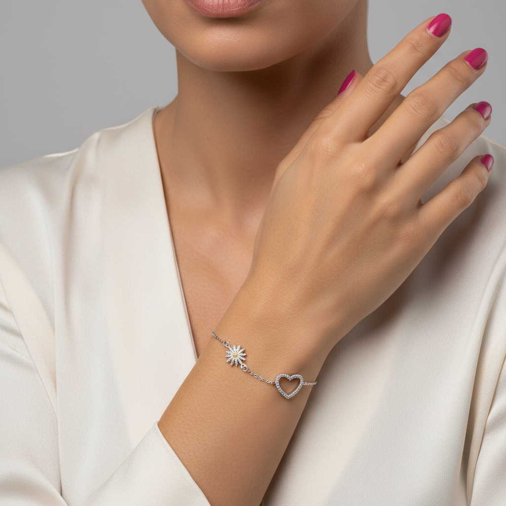 Pulsera Plata 925mls Eguzkilore bicolor baño Oro 18k Corazón circonitas | Joyería Vasca | Diseño Exclusivo LUZ PARIS