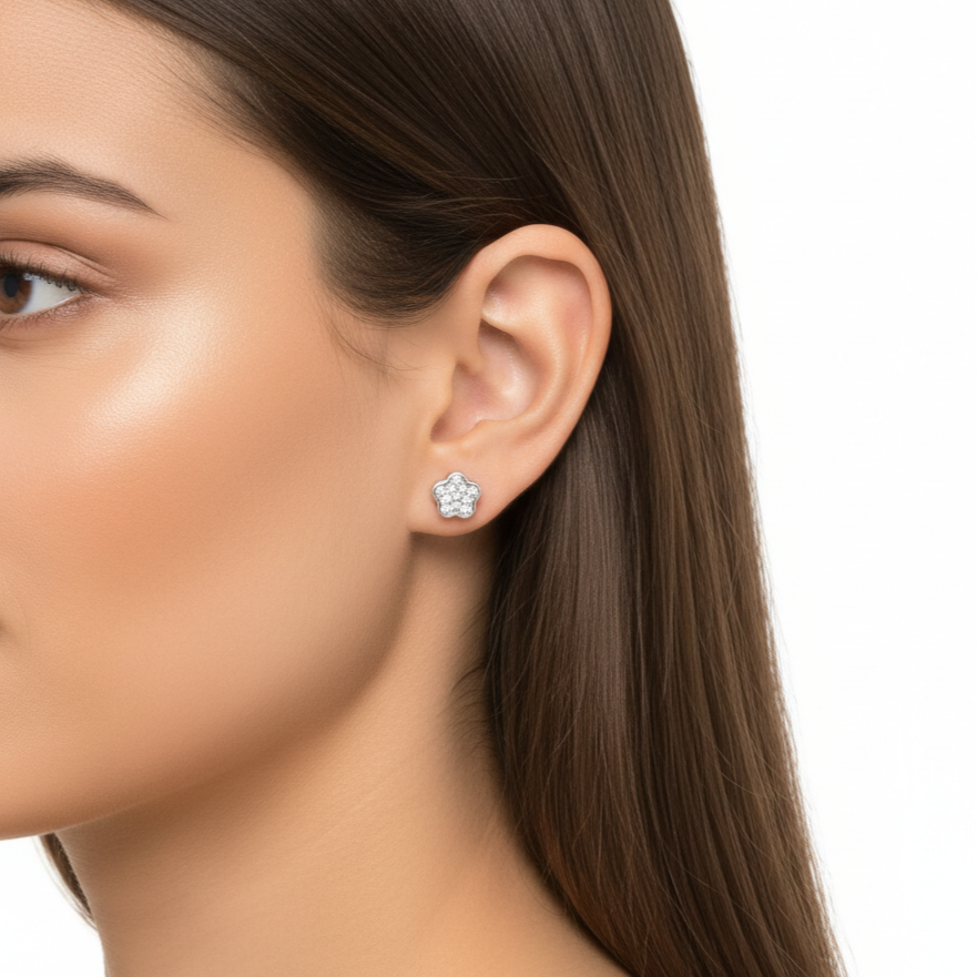 Pendientes Plata 925mls Botón Flor Circonitas blancas