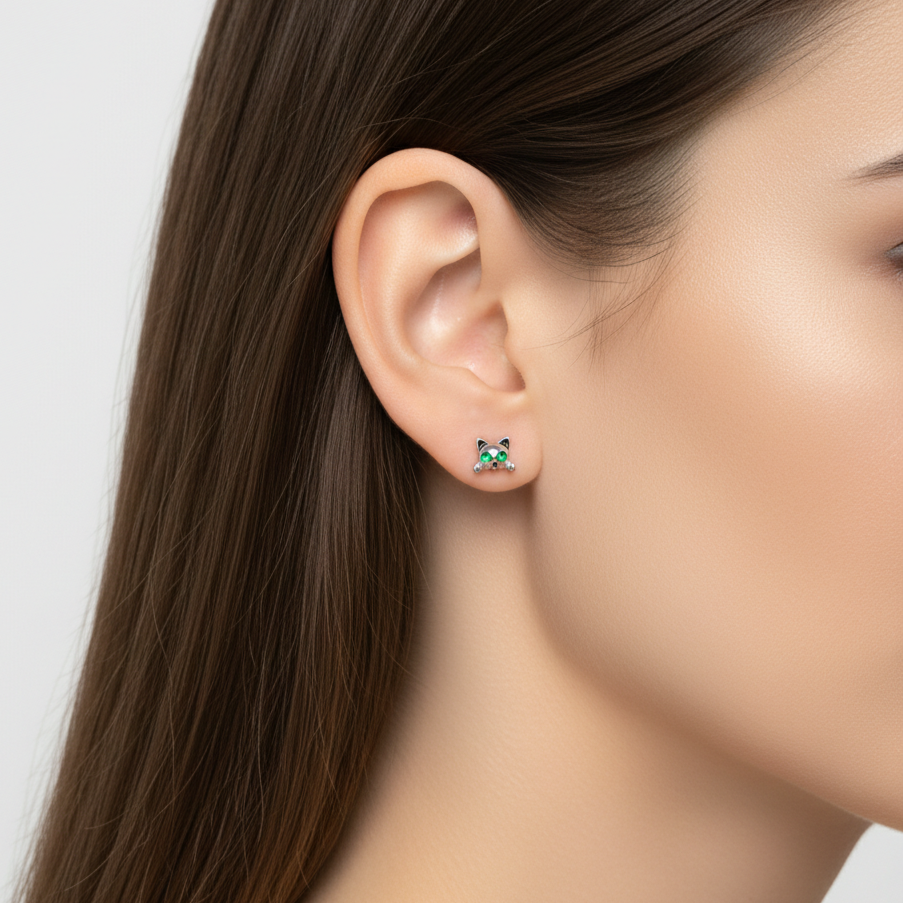 Pendientes Plata 925mls Gato ojos circonitas color verde esmeralda | mascotas
