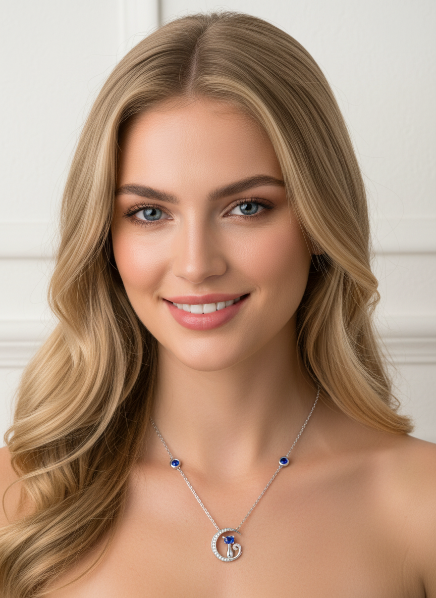 Collar Plata 925mls Gato y Luna con Circonitas Azules y Blancas | Joya Mágica y Brillante