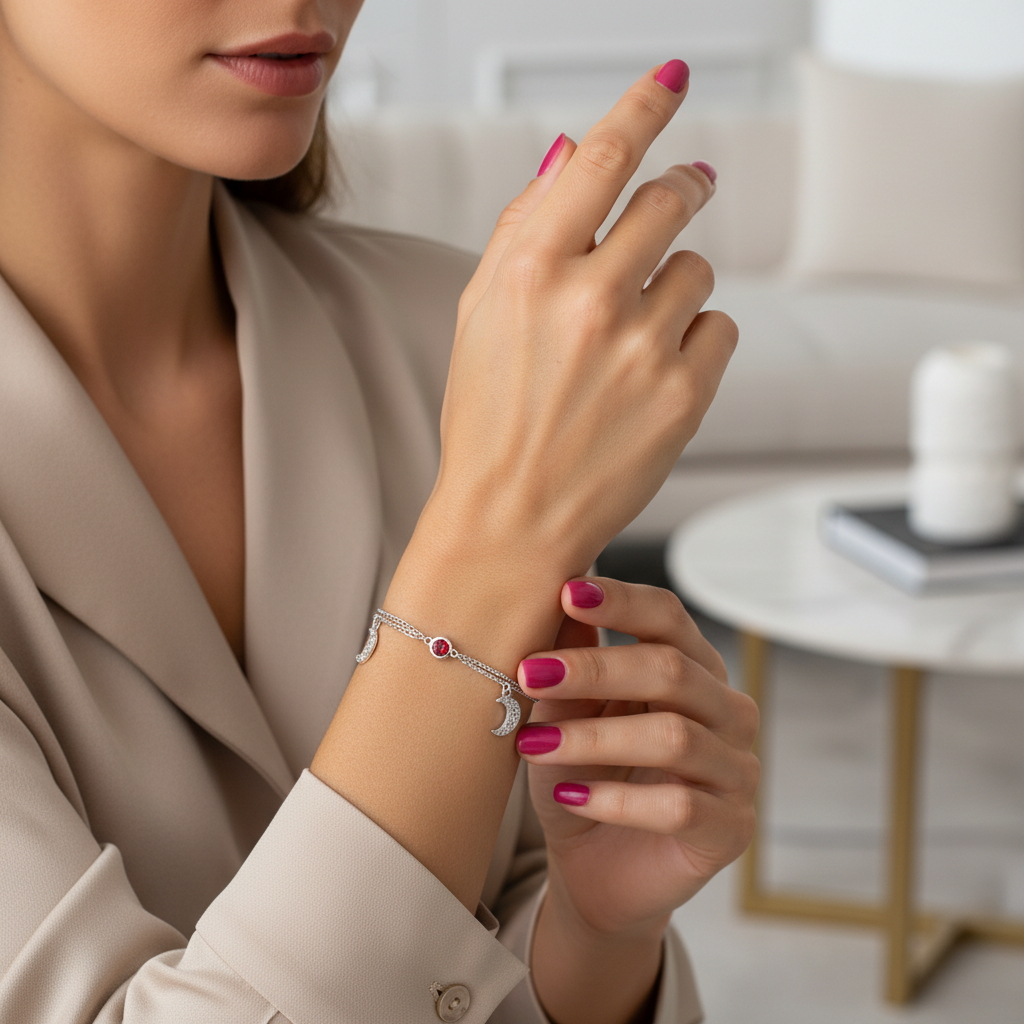 Pulsera Plata 925mls con Circonita Roja, Dos Lunas y Dos Estrellas | Magia, Brillo y Estilo Único