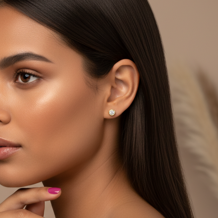 Pendientes Plata 925mls baño oro 18 kilates Botón Circonita blanca