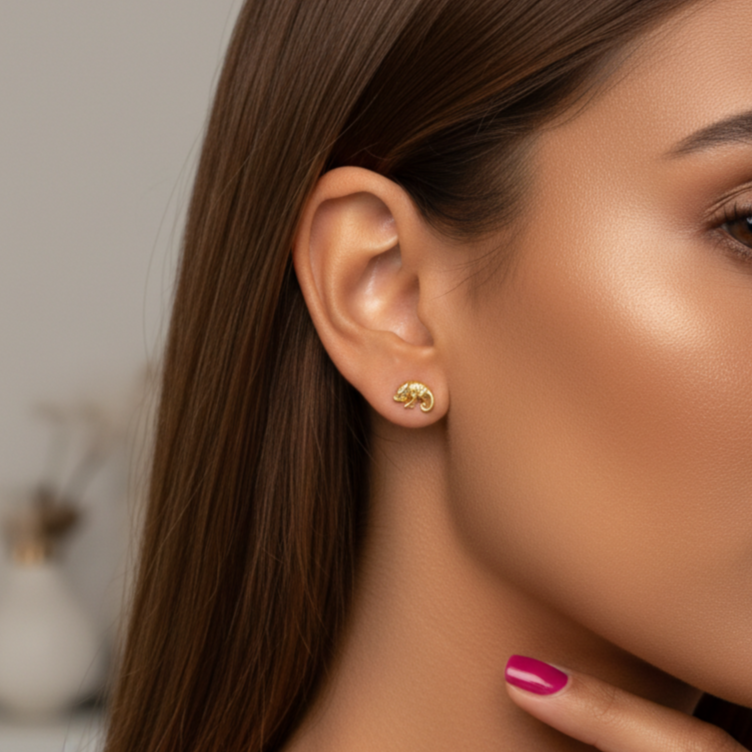 Pendientes Plata 925mls baño Oro 18 Kilates Camaleón | animales