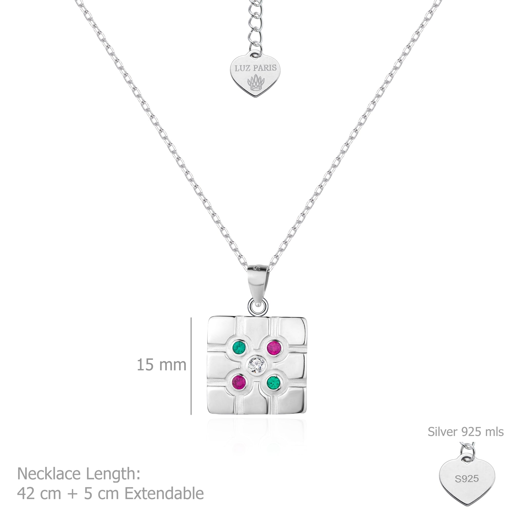 Collar Plata 925mls Baldosa Bilbao Circonitas color blanco, verde, rubí