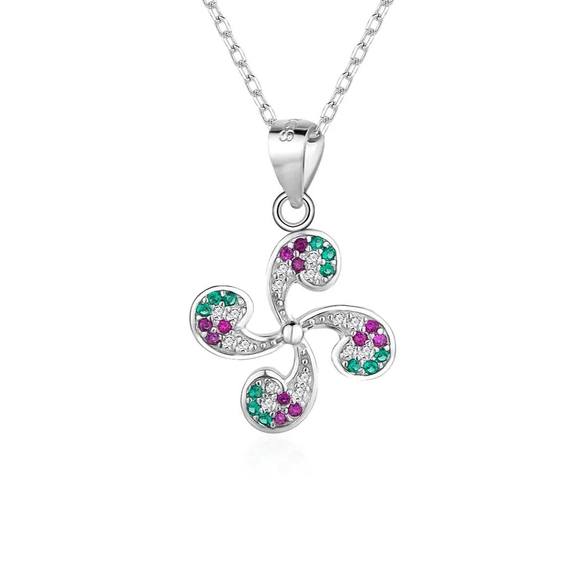 Collar Plata 925mls Lauburu Circonitas color blanco, verde, rubí