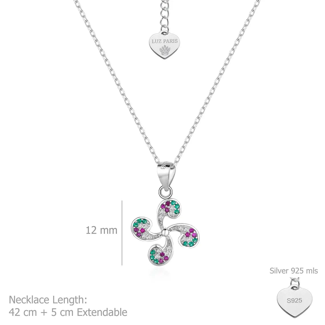Collar Plata 925mls Lauburu Circonitas color blanco, verde, rubí