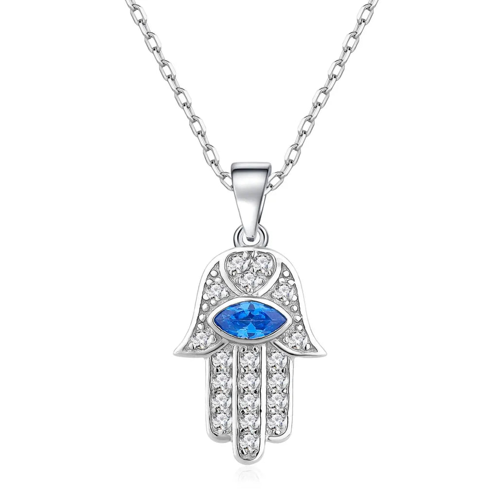 Collar Plata 925mls Mano de Fátima ojo azul amuleto