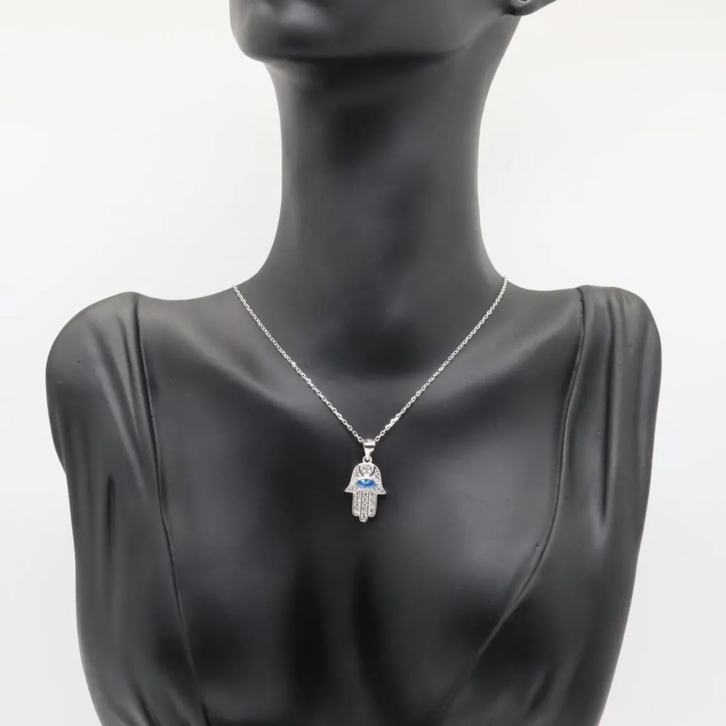 Collar Plata 925mls Mano de Fátima ojo azul amuleto