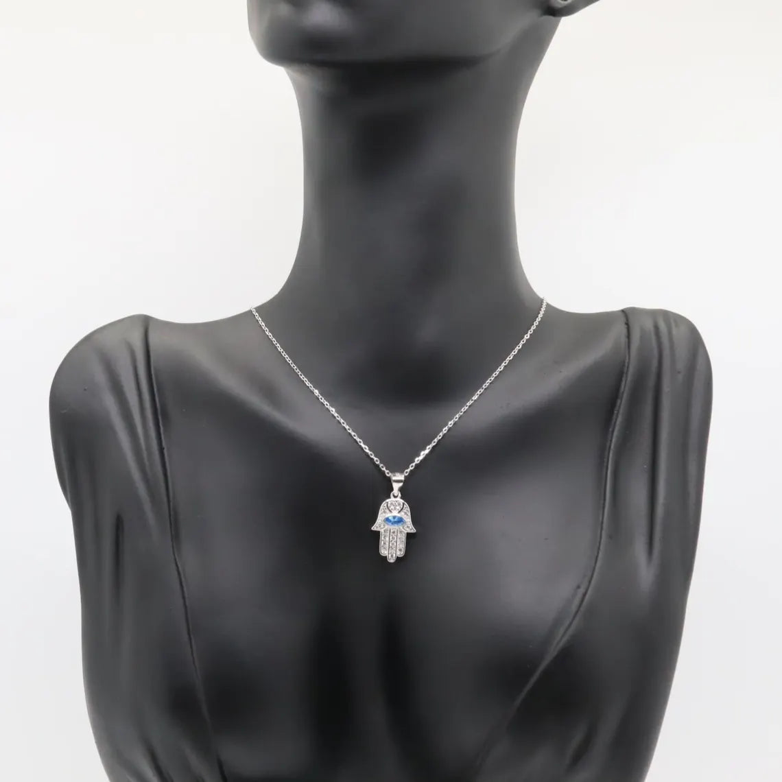 Collar Plata 925mls Mano de Fátima ojo azul amuleto