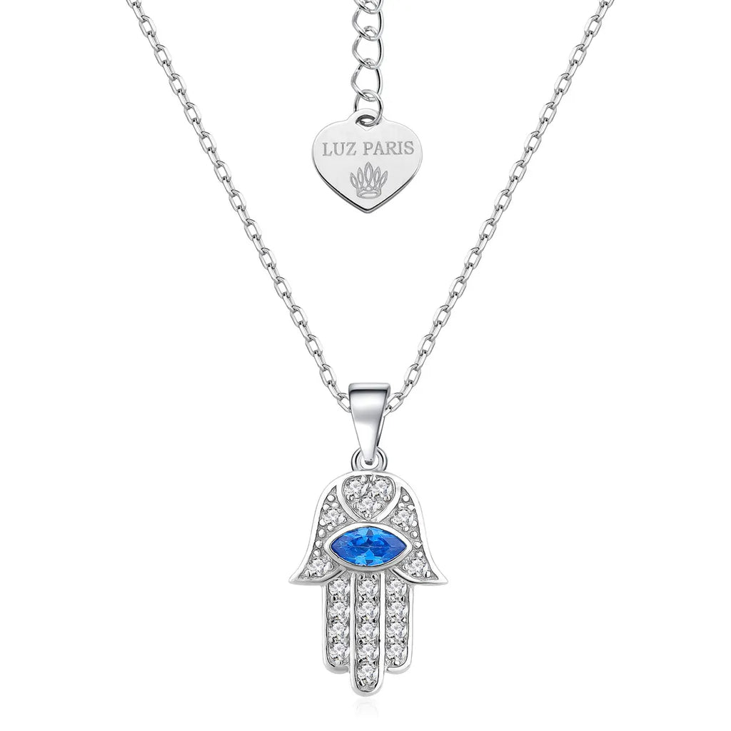 Collar Plata 925mls Mano de Fátima ojo azul amuleto