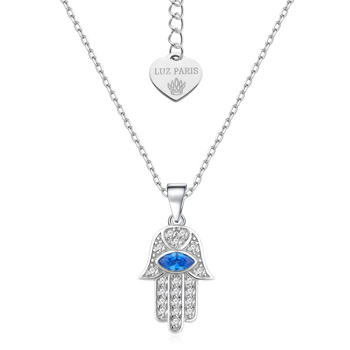 Collar Plata 925mls Mano de Fátima ojo azul amuleto