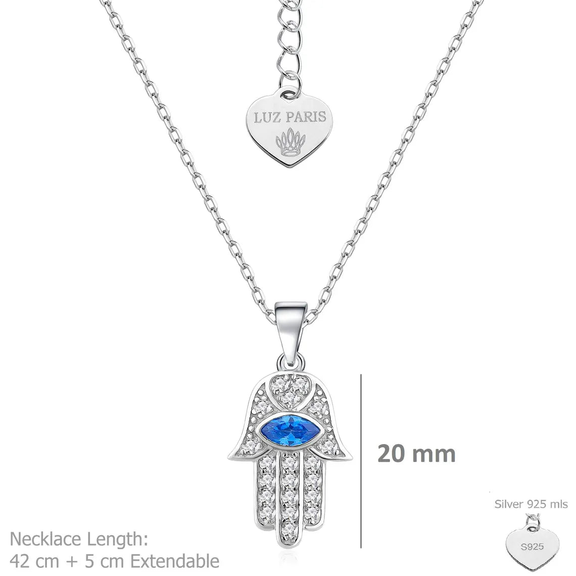 Collar Plata 925mls Mano de Fátima ojo azul amuleto