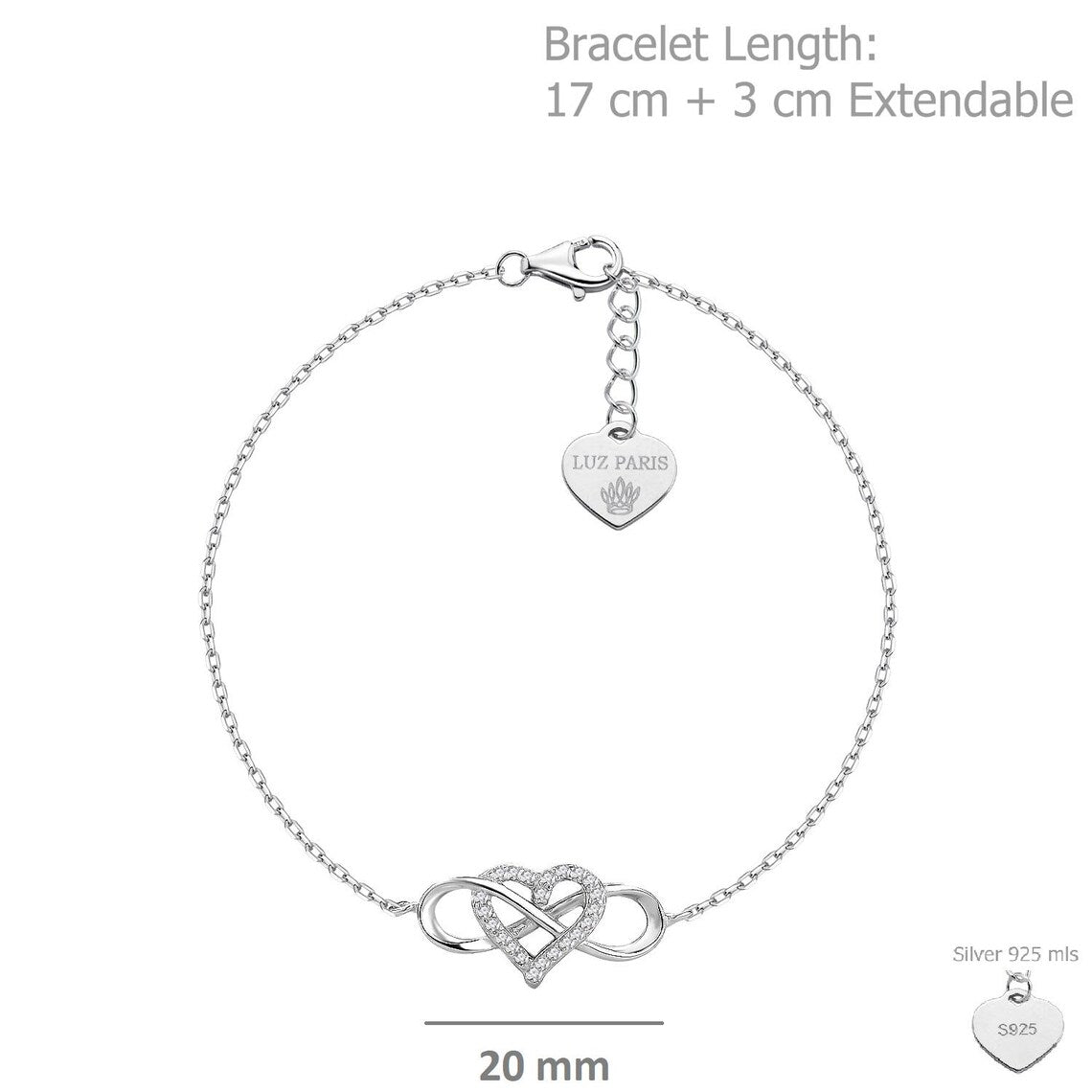 Pulsera Plata 925mls Infinito Corazón circonitas blancas