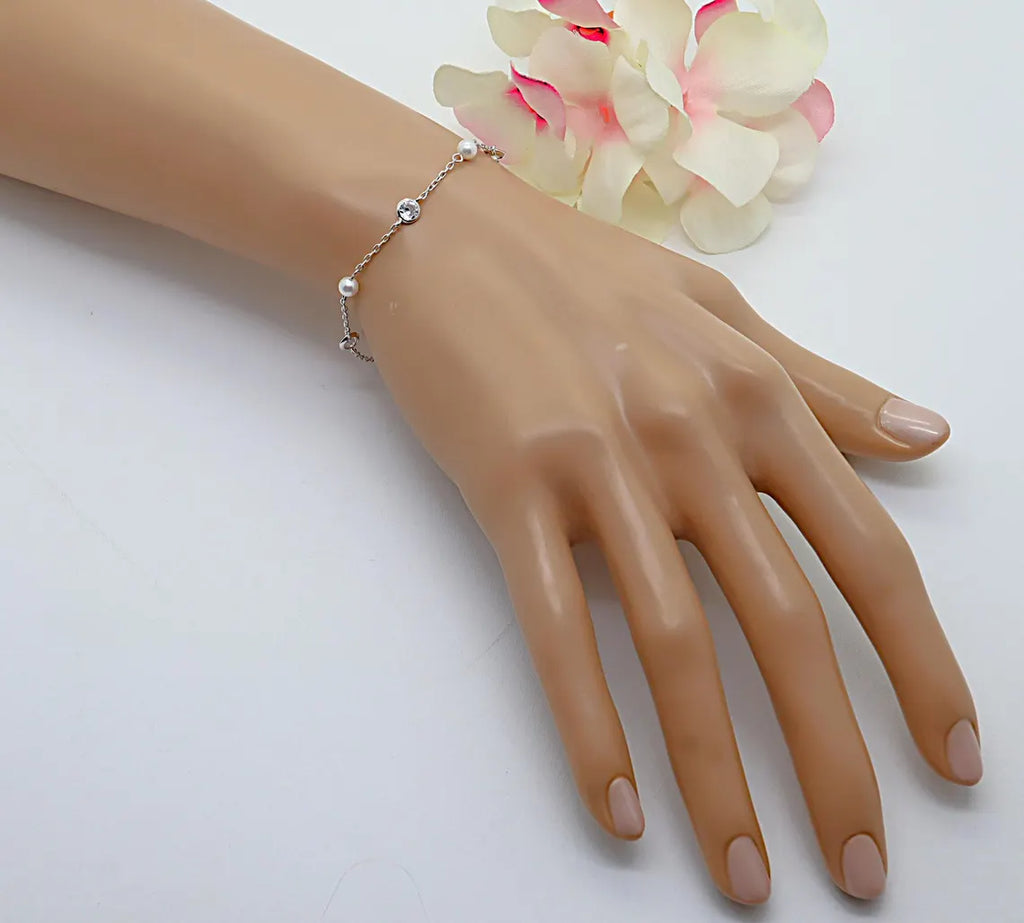 Pulsera Plata 925mls con Tres Perlas y Circonitas Blancas | Joyería Elegante Mujer | Regalo Fino | Pulsera Ajustable Hecha a Mano