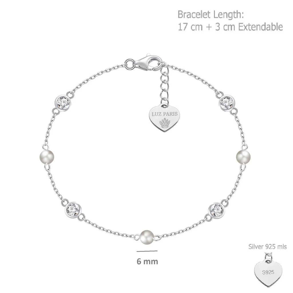 Pulsera Plata 925mls con Tres Perlas y Circonitas Blancas | Joyería Elegante Mujer | Regalo Fino | Pulsera Ajustable Hecha a Mano