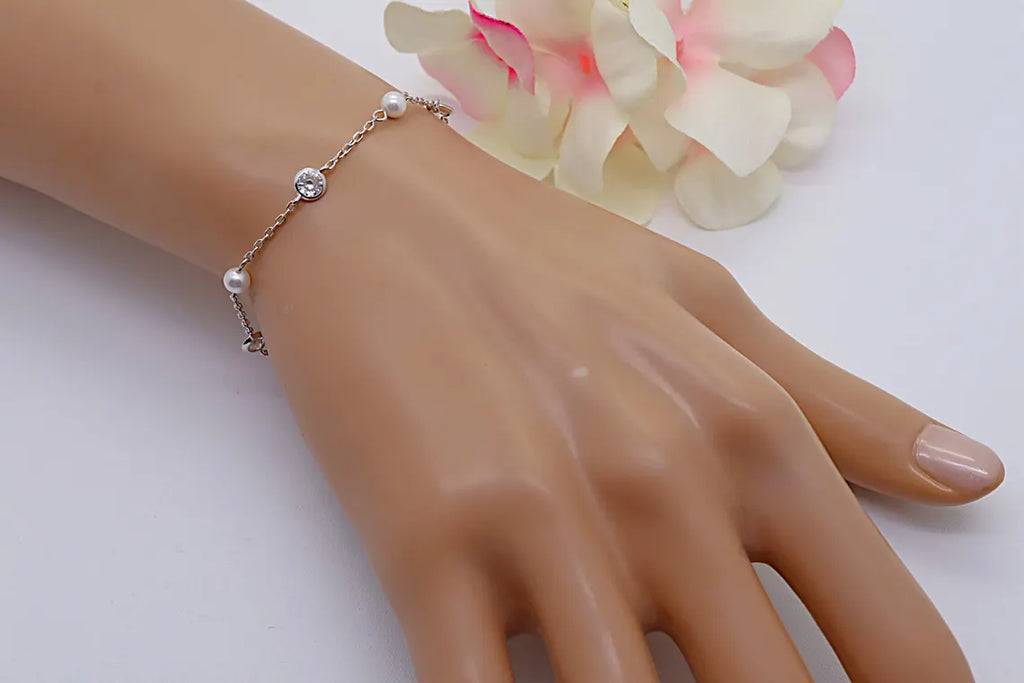 Pulsera Plata 925mls con Tres Perlas y Circonitas Blancas | Joyería Elegante Mujer | Regalo Fino | Pulsera Ajustable Hecha a Mano