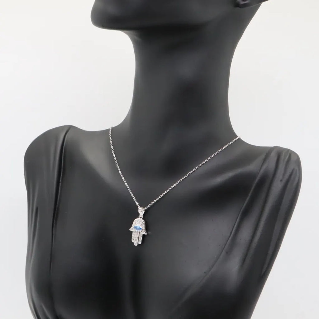 Collar Plata 925mls Mano de Fátima ojo azul amuleto