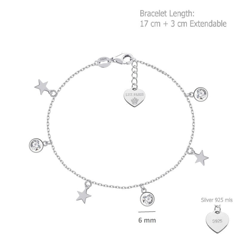 Pulsera Plata 925 Tres Estrellas y Circonitas Blancas | Joyería Fina Mujer | Regalo Elegante | Pulsera Ajustable Hecha a Mano