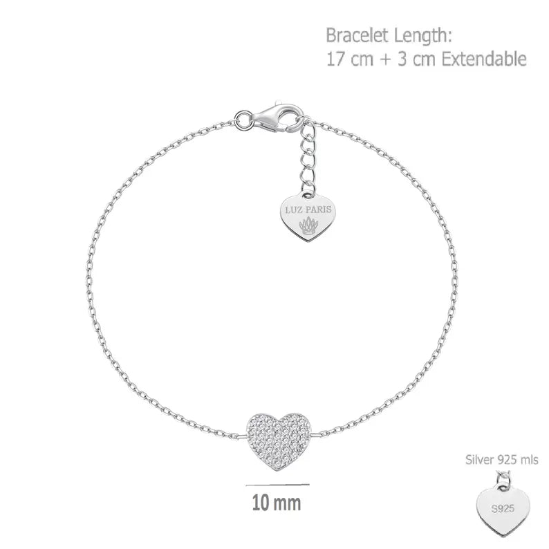 Pulsera Plata 925 Corazón con Circonitas Blancas | Regalo Romántico Mujer | Joyería Fina Hecha a Mano | Pulsera Ajustable