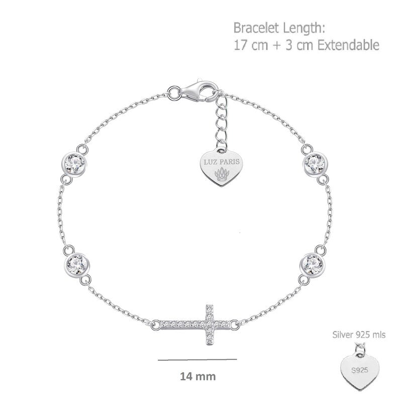 Pulsera Plata 925 Cruz Horizontal con Circonitas Blancas | Joyería de Fe y Estilo | Regalo Mujer | Pulsera Ajustable Hecha a Mano
