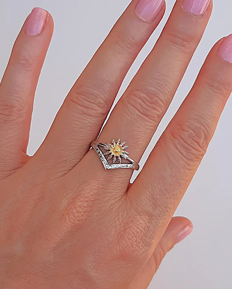 Anillo Plata 925mls Eguzkilore bicolor baño Oro 18k Corona Circonitas blancas (6 tallas disponible)