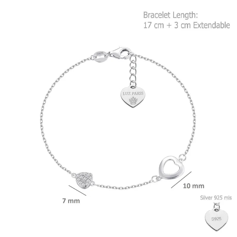Pulsera Plata 925 Dos Corazones | Circonitas Blancas | Regalo Romántico Mujer | Joyería Fina Hecha a Mano Ajustable