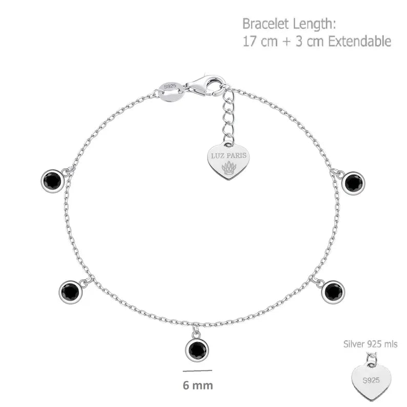 Pulsera Plata 925 con 5 Circonitas Negras Azabache | Joyería Moderna y Elegante | Regalo Mujer | Pulsera Ajustable Hecha a Mano