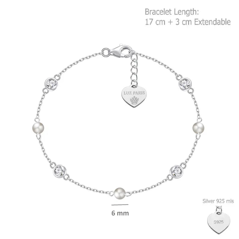 Pulsera Plata 925 con Tres Perlas y Circonitas Blancas | Joyería Elegante Mujer | Regalo Fino | Pulsera Ajustable Hecha a Mano