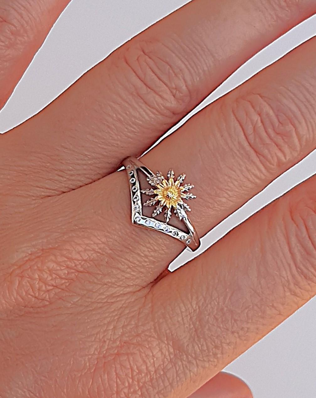 Anillo Plata 925mls Eguzkilore bicolor baño Oro 18k Corona Circonitas blancas (6 tallas disponible)