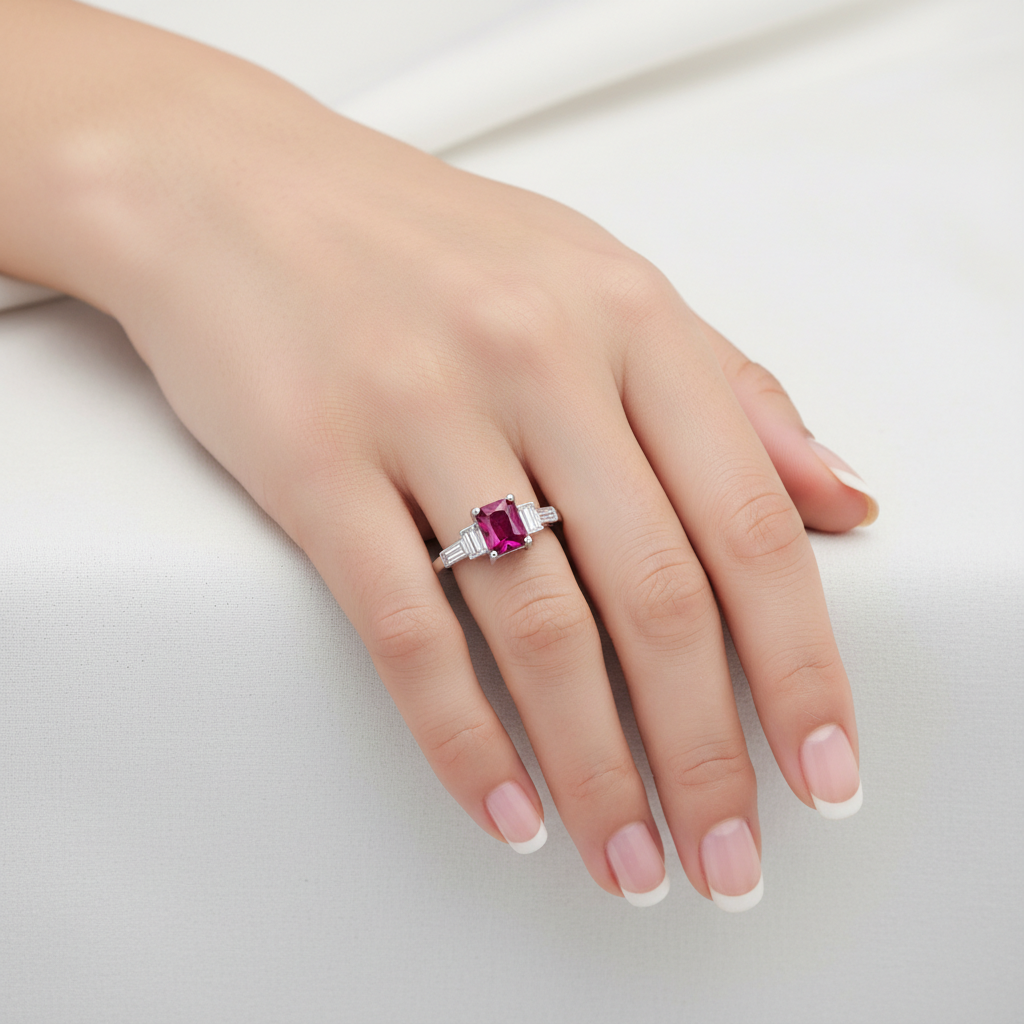 Anillo Plata 925 con Circonita Roja Rubí y 4 Circonitas Blancas | Corte Princesa | Disponible en 6 Tallas | Regalo Elegante para Mujer