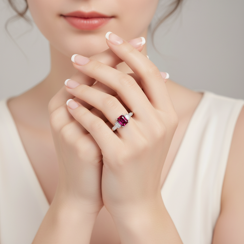 Anillo Plata 925 con Circonita Roja Rubí y 4 Circonitas Blancas | Corte Princesa | Disponible en 6 Tallas | Regalo Elegante para Mujer
