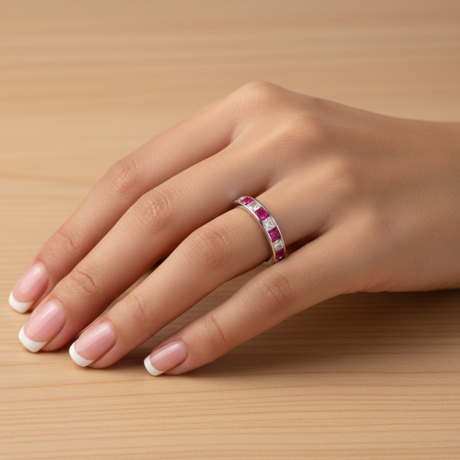 Anillo Plata 925mls Bicolor Granate Blanco Circonitas