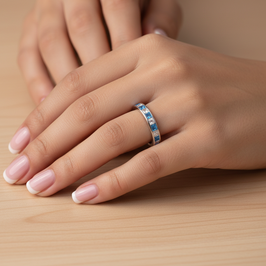 Anillo Plata 925mls Bicolor Azul Blanco Circonitas