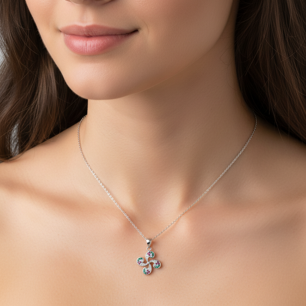 Collar Plata 925mls Lauburu Circonitas color blanco, verde, rubí