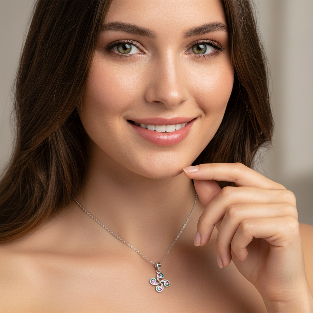 Collar Plata 925mls Lauburu Circonitas color blanco, verde, rubí