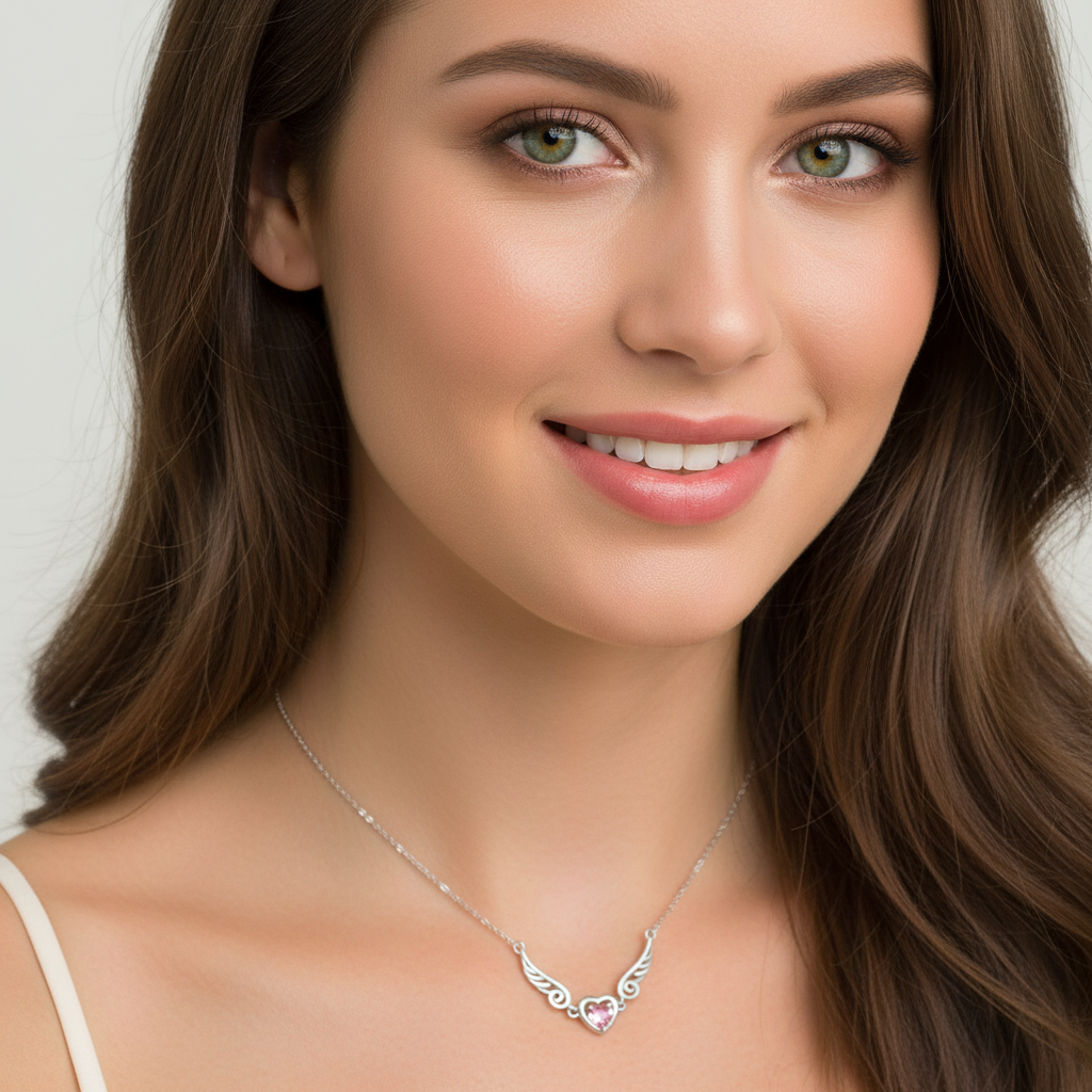 Collar Plata 925mls Corazón con Circonita Rosa y Dos Alas | Elegancia Romántica y Protección