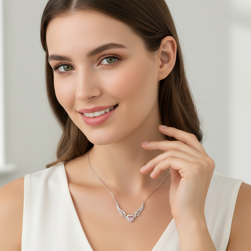 Collar Plata 925mls Corazón con Circonita Rosa y Dos Alas | Elegancia Romántica y Protección