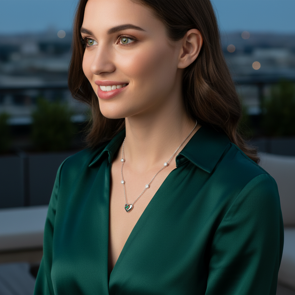 Collar Plata 925mls Corazón Verde con Circonitas blancas