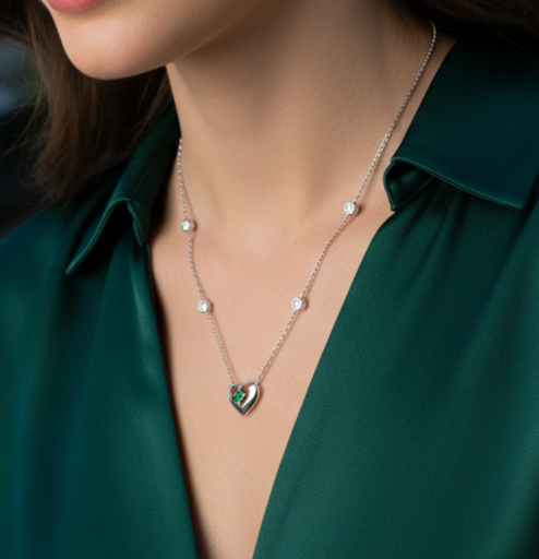 Collar Plata 925mls Corazón Verde con Circonitas blancas
