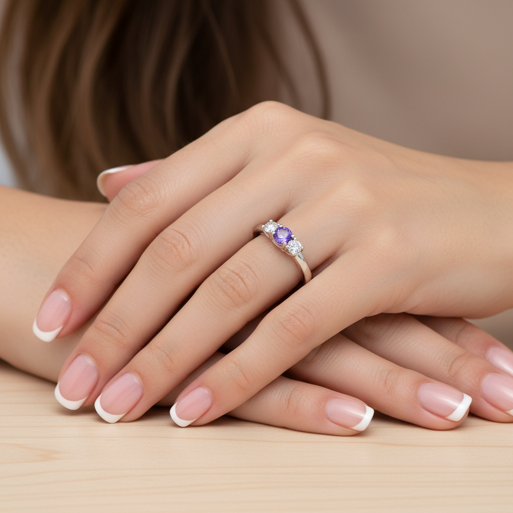 Anillo Plata 925mls 3 Circonitas púrpura y blancas