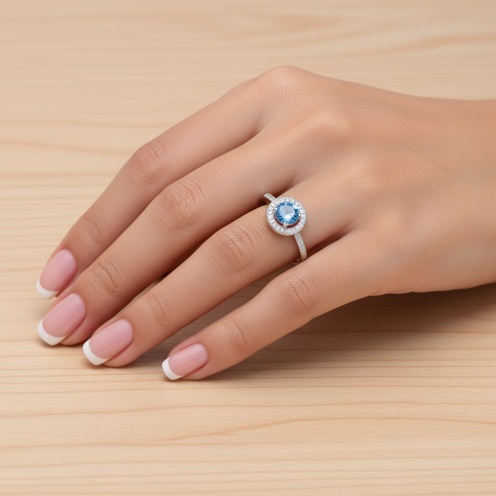 Anillo Plata 925mls Circonita central Azul y circonitas blancas
