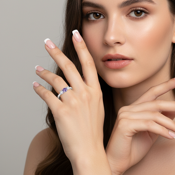 Anillo Plata 925mls 3 Circonitas púrpura y blancas